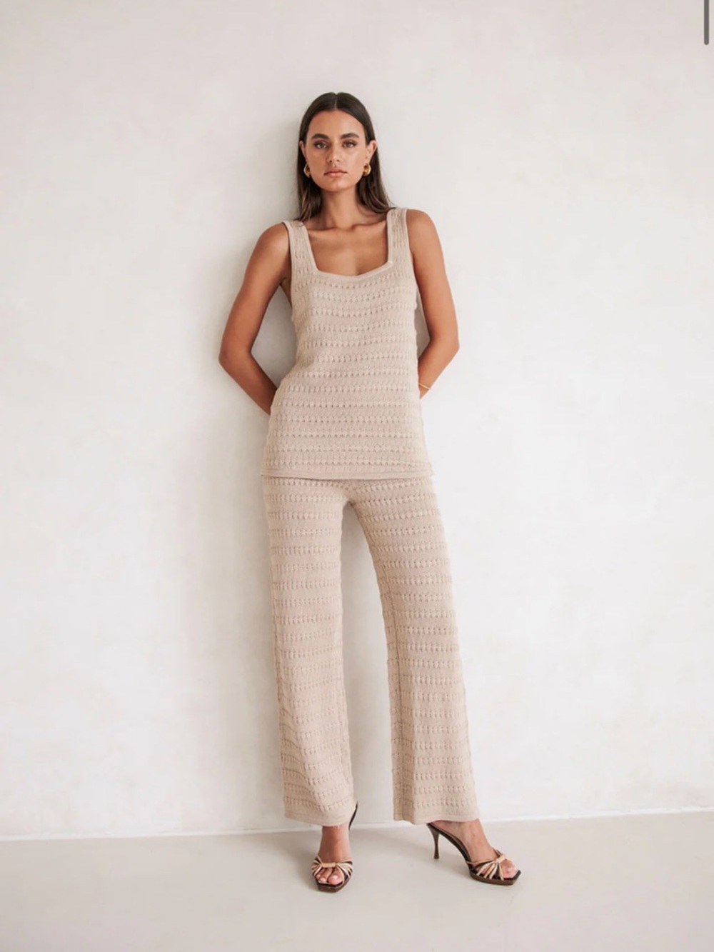 Sabo Skirt Beige Crochet Knit Tank & Wide Leg Pants Set